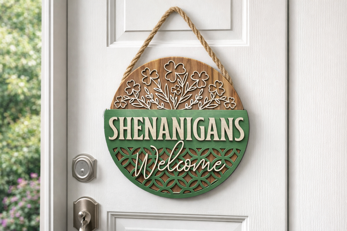 Shenanigans Welcome | Round Wood Door Hanger (14”)